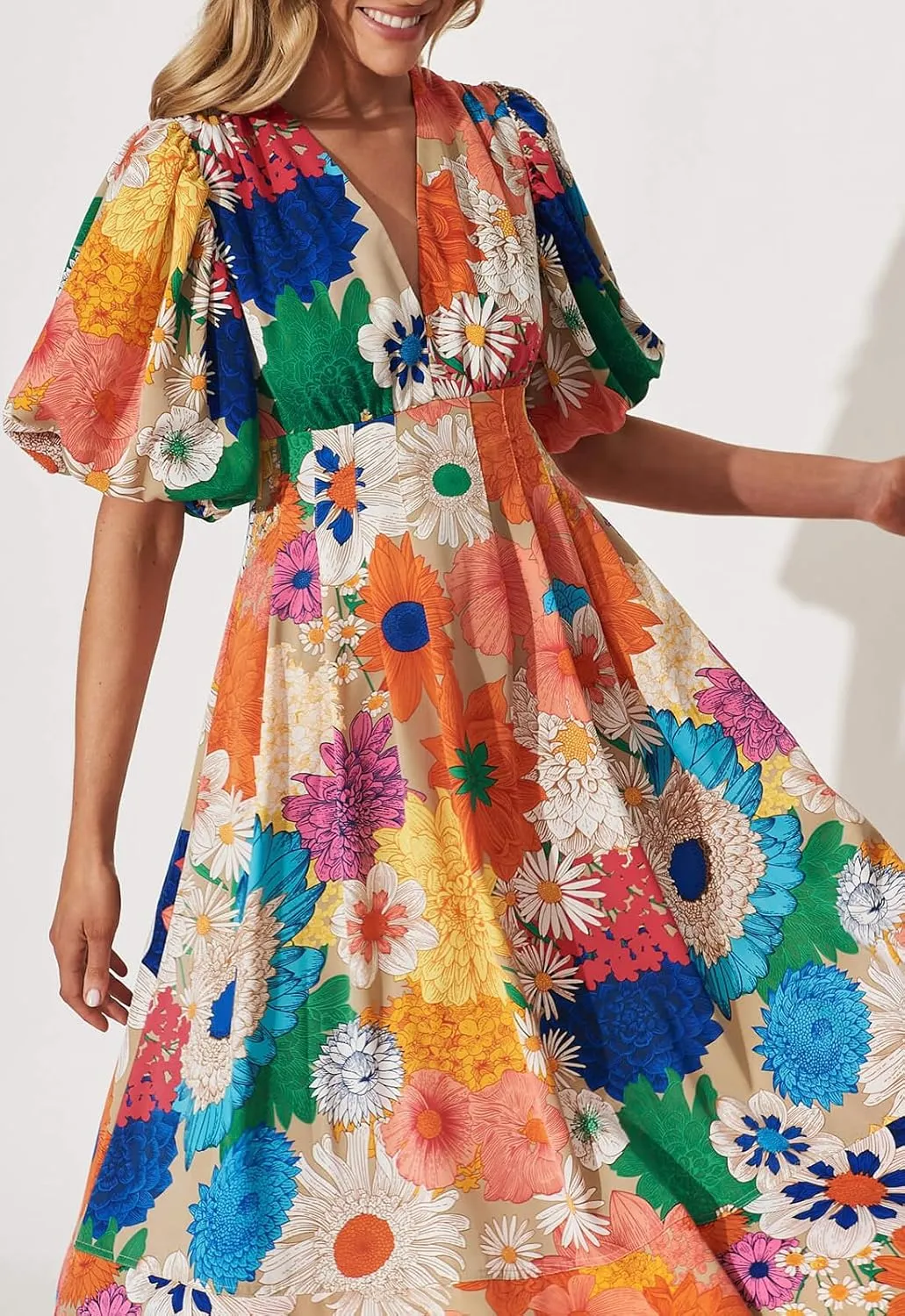 Women's Boho Floral Print Midi Dress Short Sleeve Summer Long Dress