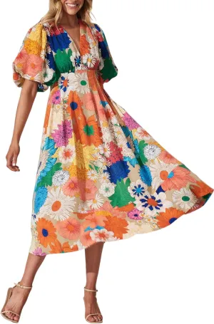 Women's Boho Floral Print Midi Dress Short Sleeve Summer Long Dress