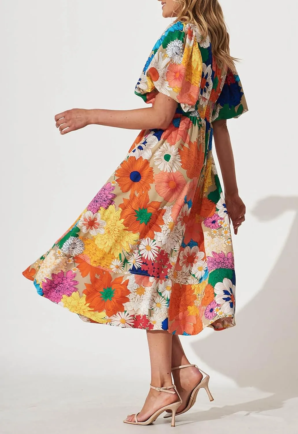 Women's Boho Floral Print Midi Dress Short Sleeve Summer Long Dress