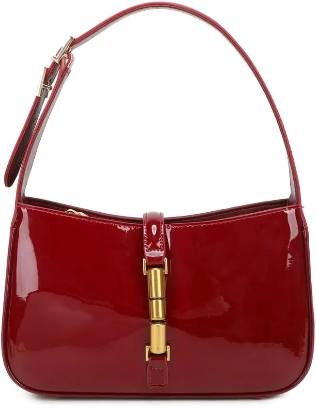 Women's casual burgundy shoulder bag,red leather bag bright PU leather shoulder bag
