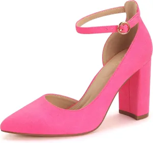 Women's Closed Toe Pumps 3-Inch Chunky Heels Pumps Ankle Strap Dress Wedding Shoes