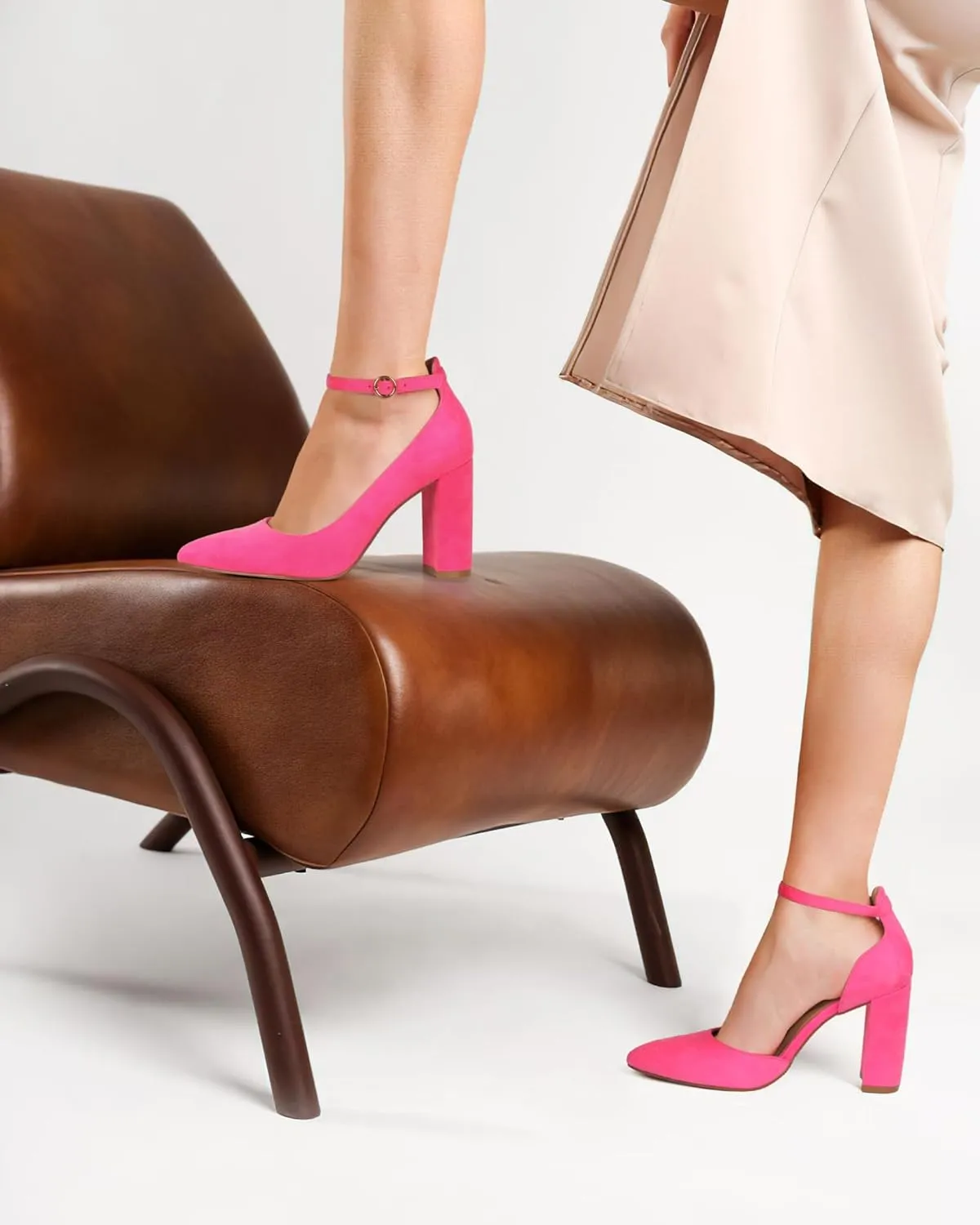 Women's Closed Toe Pumps 3-Inch Chunky Heels Pumps Ankle Strap Dress Wedding Shoes