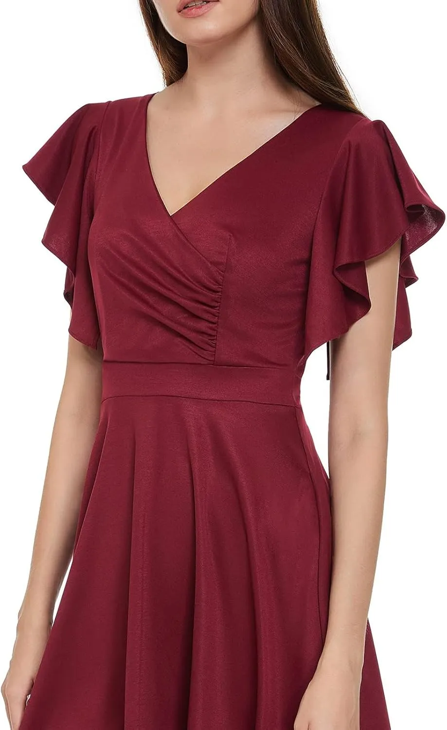 Women's Cocktail Dress Wrap V Neck Ruffle Short Sleeve A Line Work Formal Wedding Guest Midi Dress with Pockets