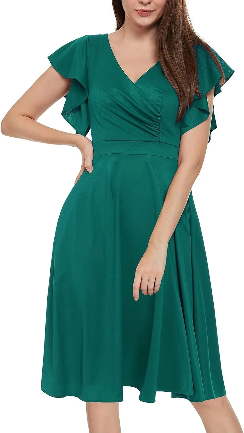 Women's Cocktail Dress Wrap V Neck Ruffle Short Sleeve A Line Work Formal Wedding Guest Midi Dress with Pockets