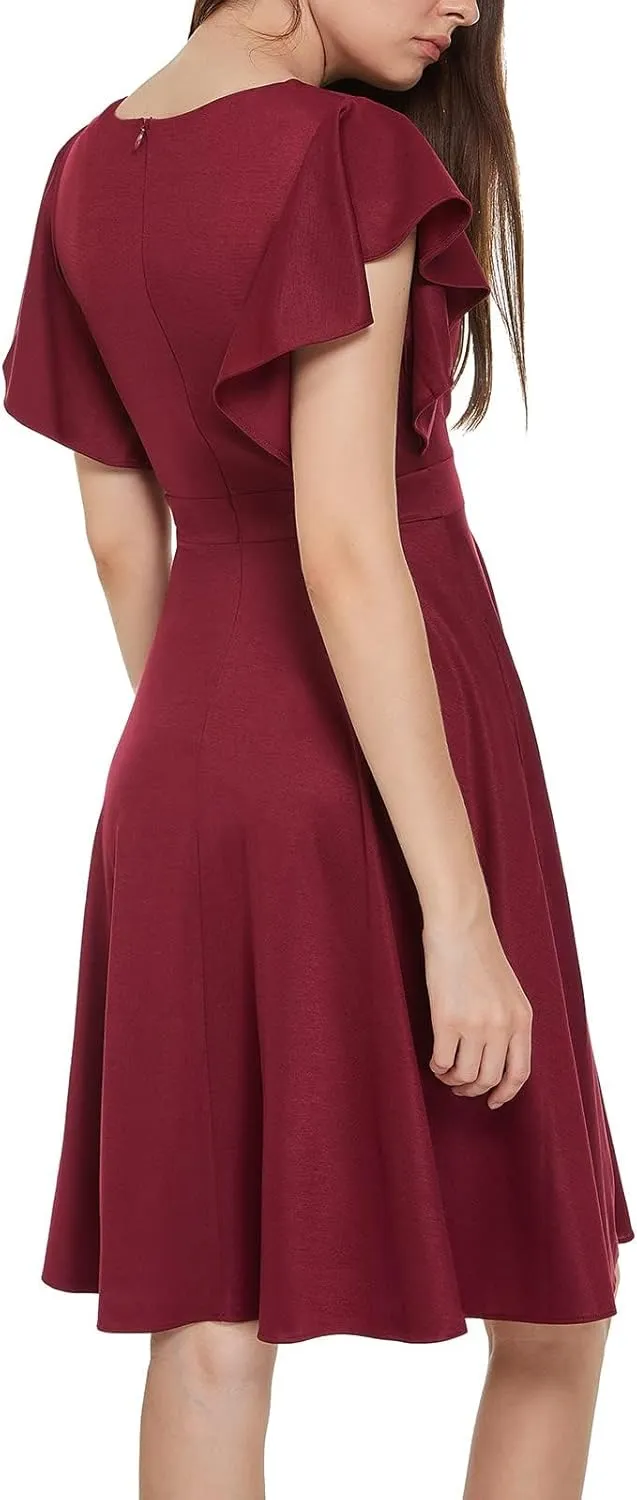 Women's Cocktail Dress Wrap V Neck Ruffle Short Sleeve A Line Work Formal Wedding Guest Midi Dress with Pockets