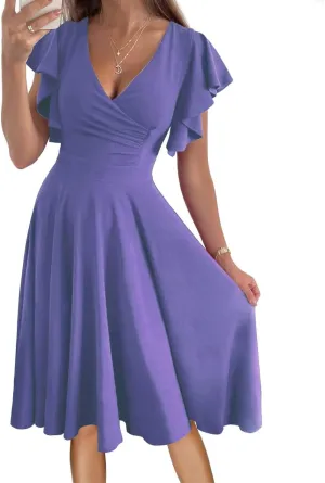 Women's Cocktail Dress Wrap V Neck Ruffle Short Sleeve A Line Work Formal Wedding Guest Midi Dress with Pockets
