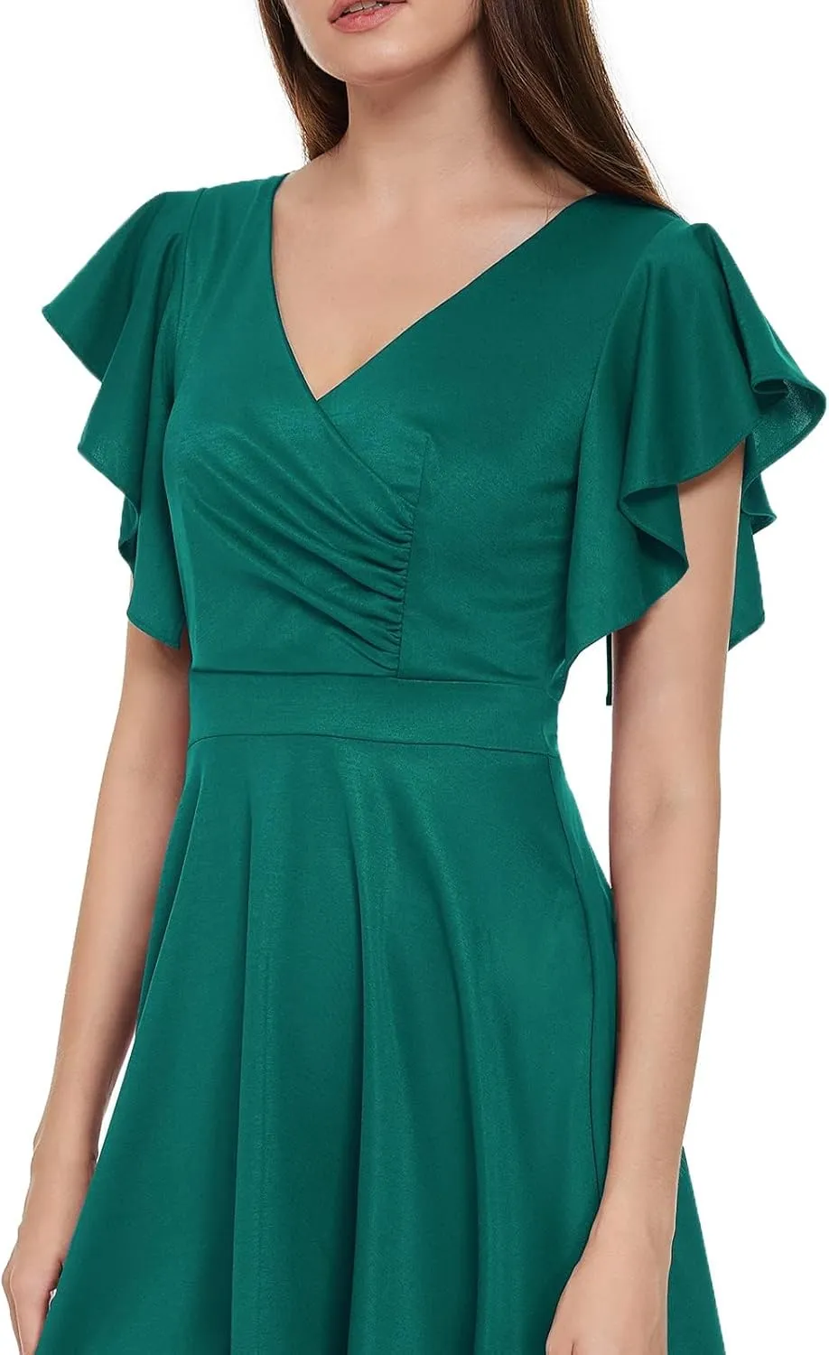 Women's Cocktail Dress Wrap V Neck Ruffle Short Sleeve A Line Work Formal Wedding Guest Midi Dress with Pockets