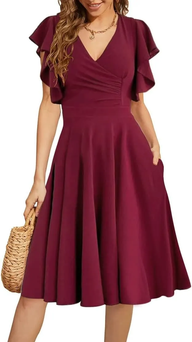 Women's Cocktail Dress Wrap V Neck Ruffle Short Sleeve A Line Work Formal Wedding Guest Midi Dress with Pockets