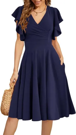 Women's Cocktail Dress Wrap V Neck Ruffle Short Sleeve A Line Work Formal Wedding Guest Midi Dress with Pockets