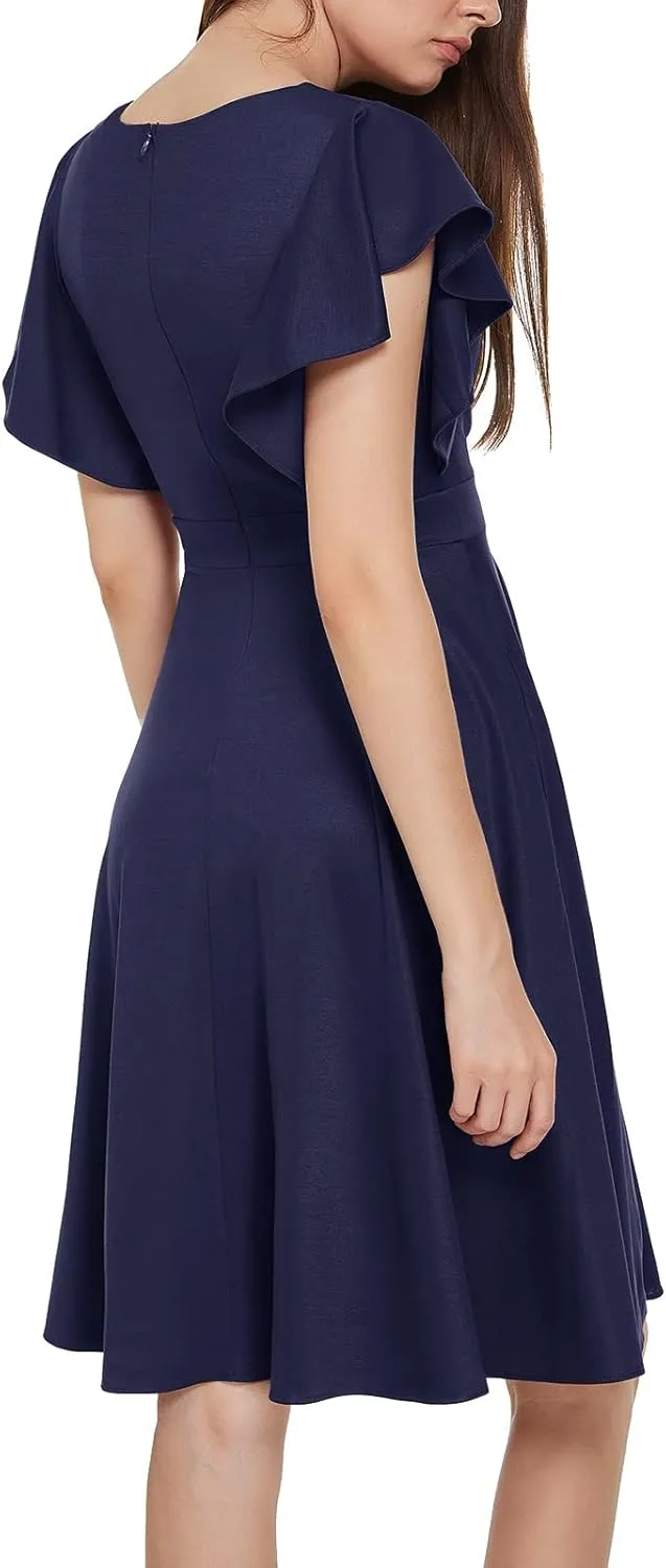 Women's Cocktail Dress Wrap V Neck Ruffle Short Sleeve A Line Work Formal Wedding Guest Midi Dress with Pockets