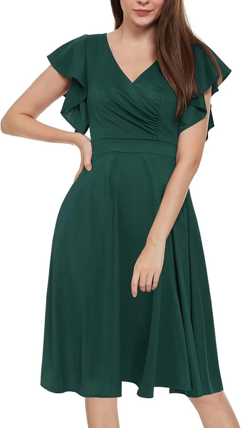 Women's Cocktail Dress Wrap V Neck Ruffle Short Sleeve A Line Work Formal Wedding Guest Midi Dress with Pockets