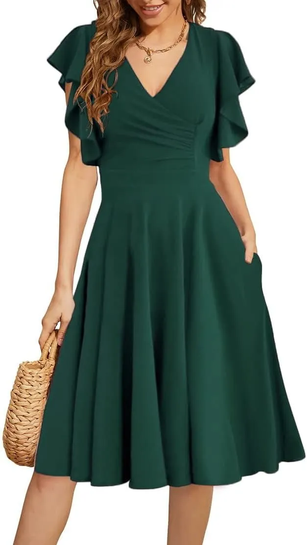 Women's Cocktail Dress Wrap V Neck Ruffle Short Sleeve A Line Work Formal Wedding Guest Midi Dress with Pockets