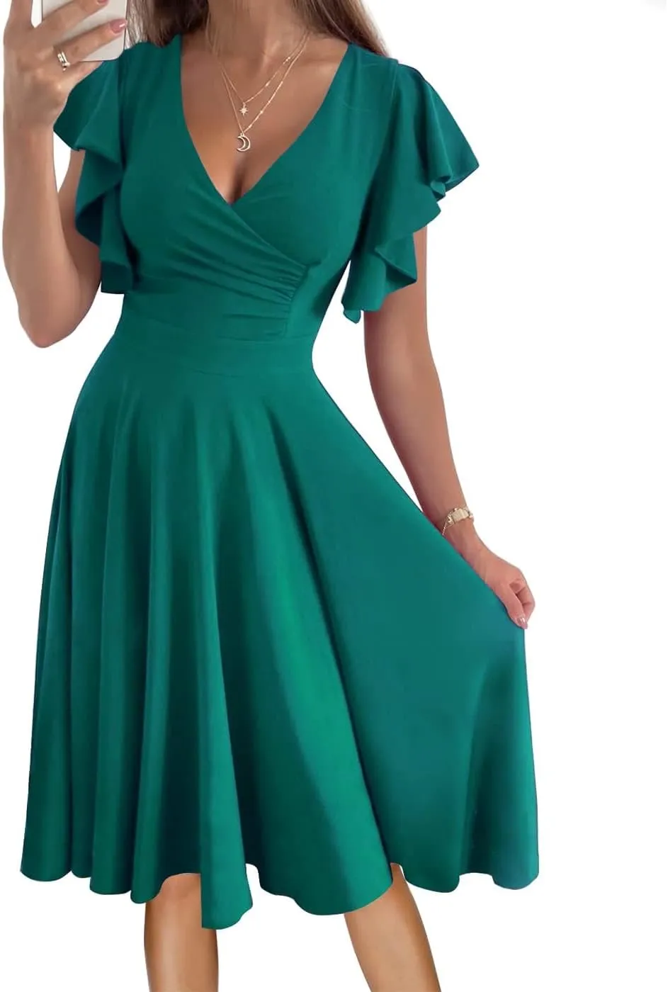Women's Cocktail Dress Wrap V Neck Ruffle Short Sleeve A Line Work Formal Wedding Guest Midi Dress with Pockets