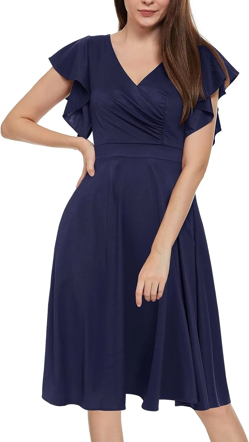 Women's Cocktail Dress Wrap V Neck Ruffle Short Sleeve A Line Work Formal Wedding Guest Midi Dress with Pockets