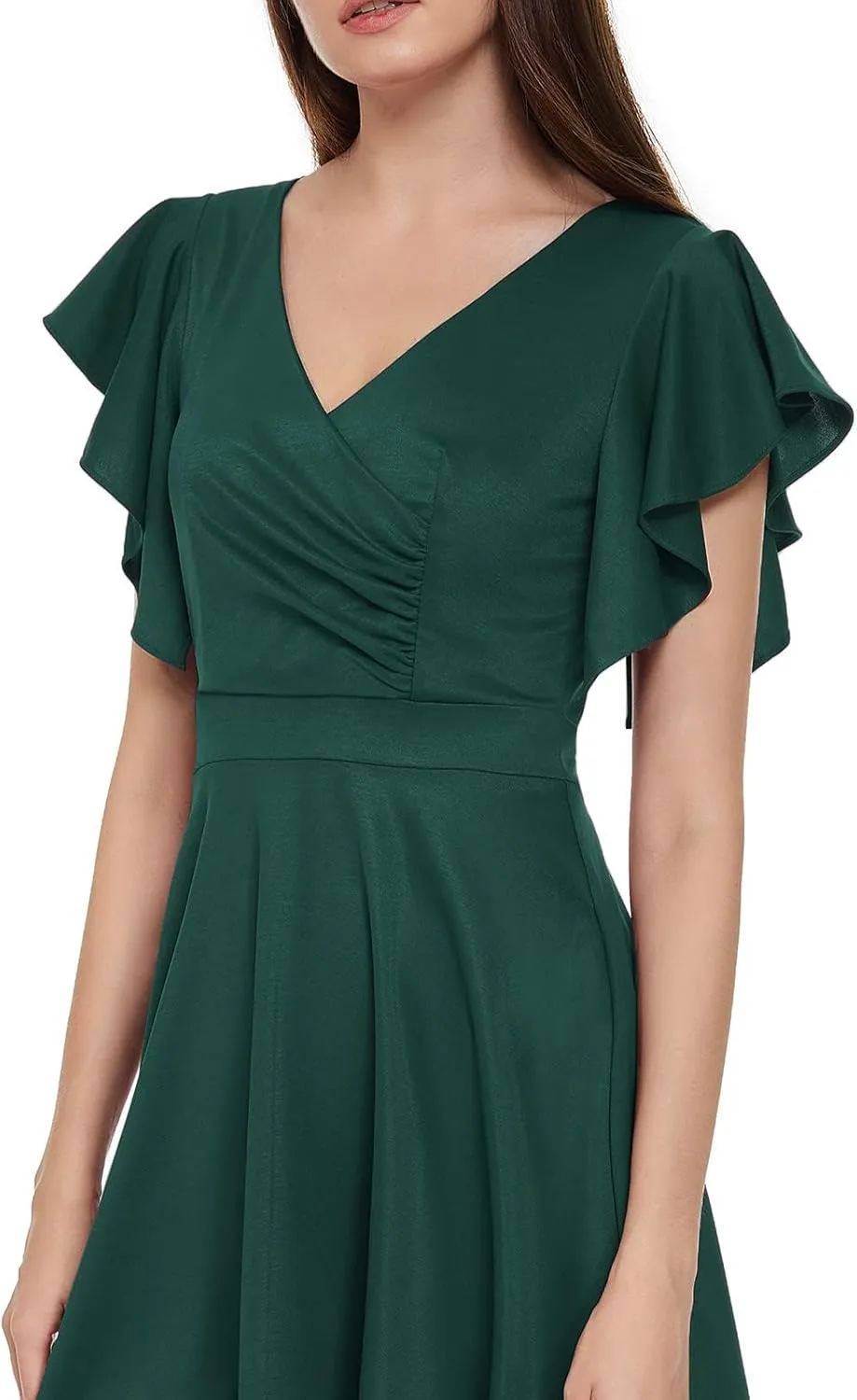 Women's Cocktail Dress Wrap V Neck Ruffle Short Sleeve A Line Work Formal Wedding Guest Midi Dress with Pockets