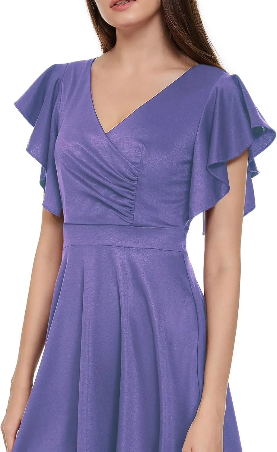 Women's Cocktail Dress Wrap V Neck Ruffle Short Sleeve A Line Work Formal Wedding Guest Midi Dress with Pockets