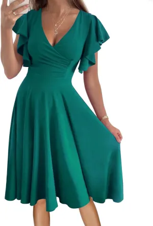 Women's Cocktail Dress Wrap V Neck Ruffle Short Sleeve A Line Work Formal Wedding Guest Midi Dress with Pockets