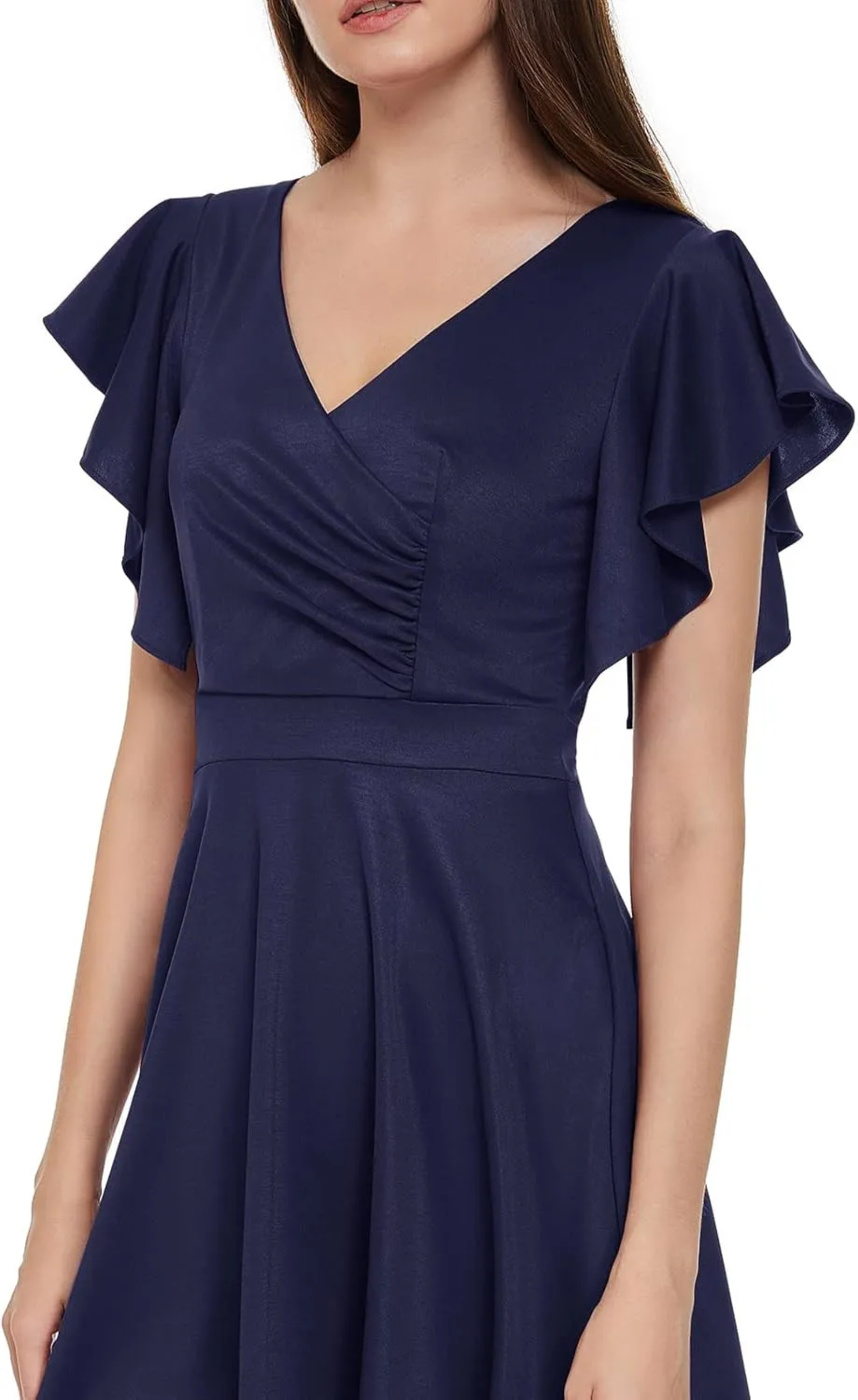 Women's Cocktail Dress Wrap V Neck Ruffle Short Sleeve A Line Work Formal Wedding Guest Midi Dress with Pockets