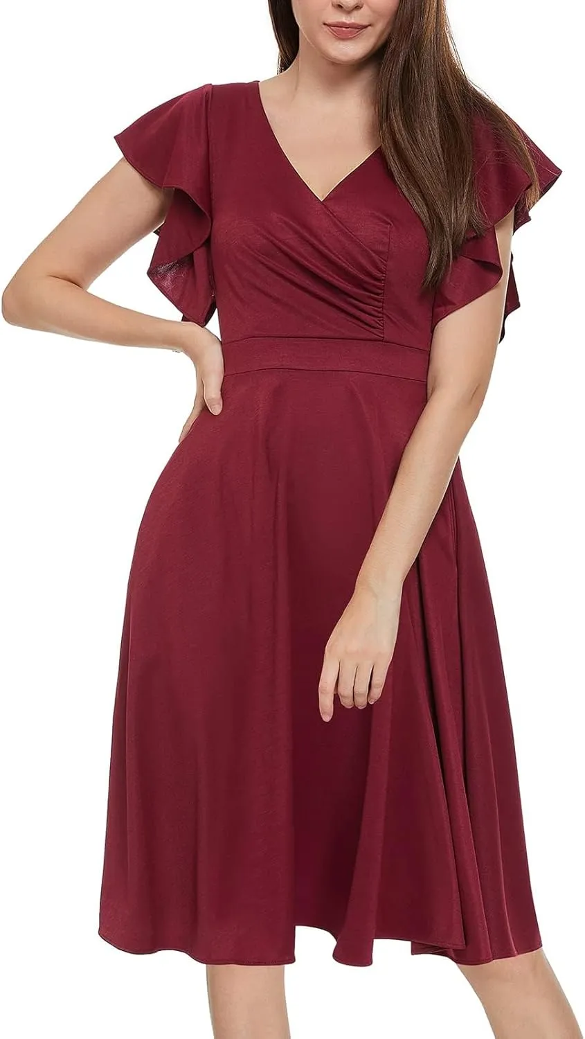 Women's Cocktail Dress Wrap V Neck Ruffle Short Sleeve A Line Work Formal Wedding Guest Midi Dress with Pockets