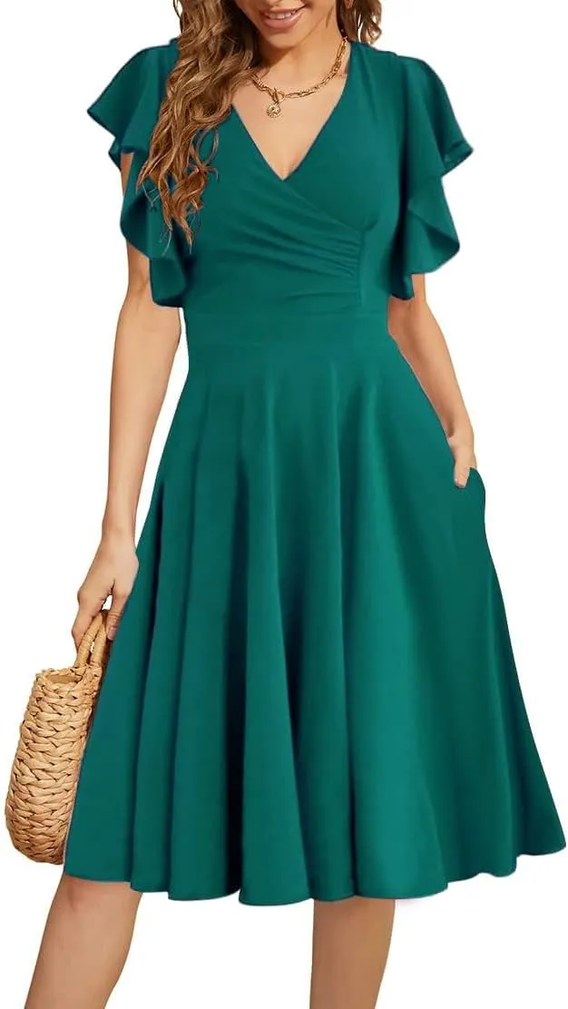 Women's Cocktail Dress Wrap V Neck Ruffle Short Sleeve A Line Work Formal Wedding Guest Midi Dress with Pockets
