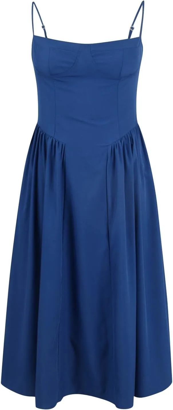 Women's Corset Dress Spaghetti Strap Bustier Midi Dress Low Cut Flowy Pleated Hem Summer Party Dresses with Pockets