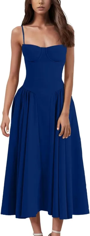 Women's Corset Dress Spaghetti Strap Bustier Midi Dress Low Cut Flowy Pleated Hem Summer Party Dresses with Pockets