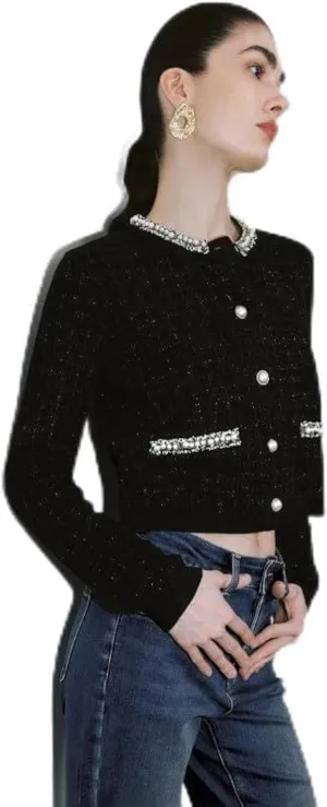 Womens Cropped Cardigan Sweaters Open Front Casual Long Sleeve Knit Pearl Button Down Crew Neck Jacket 2025