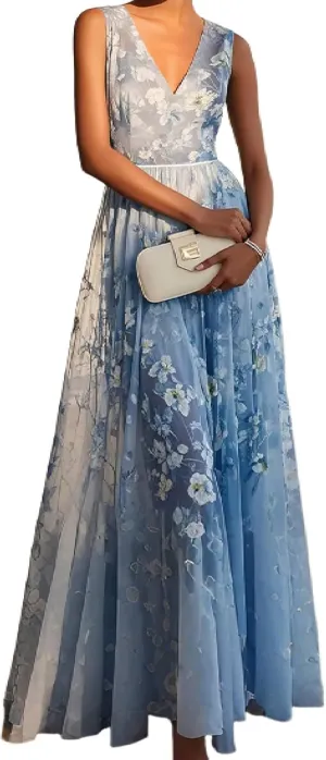 Women’s Elegant Sleeveless Floral Print Dress Sexy Deep V Neck High Waist Pleated Hem Beach Party Sundresses