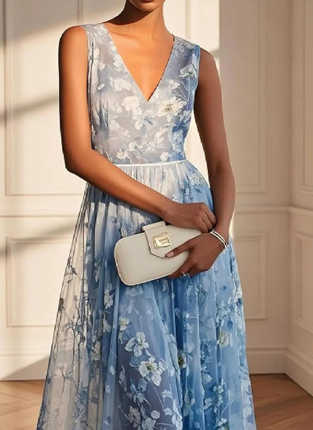 Women’s Elegant Sleeveless Floral Print Dress Sexy Deep V Neck High Waist Pleated Hem Beach Party Sundresses