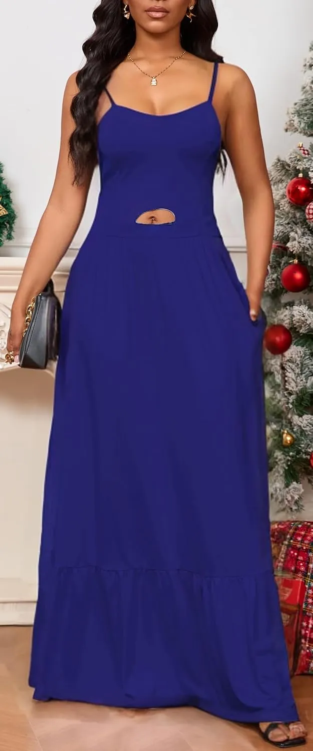 Womens Flowy Simple Tiered Maxi Dress Spaghetti Straps Backless Vacations Beach Elegant with Pockets