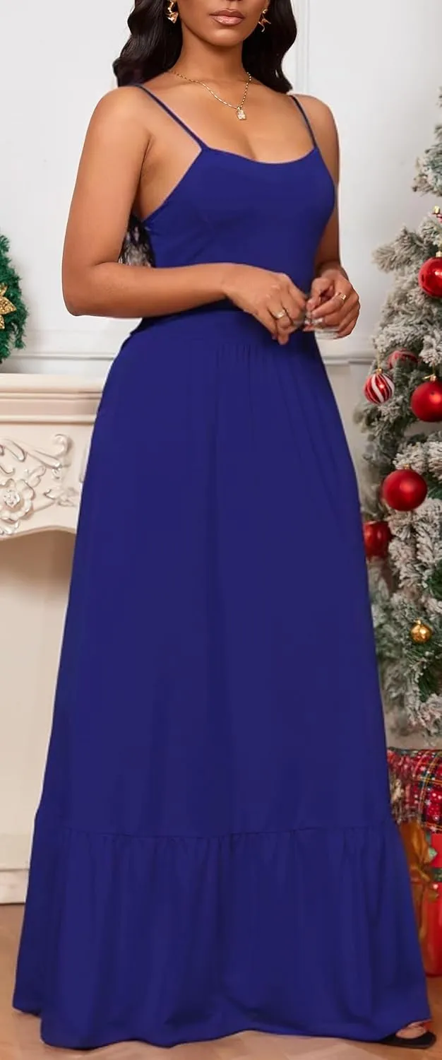 Womens Flowy Simple Tiered Maxi Dress Spaghetti Straps Backless Vacations Beach Elegant with Pockets