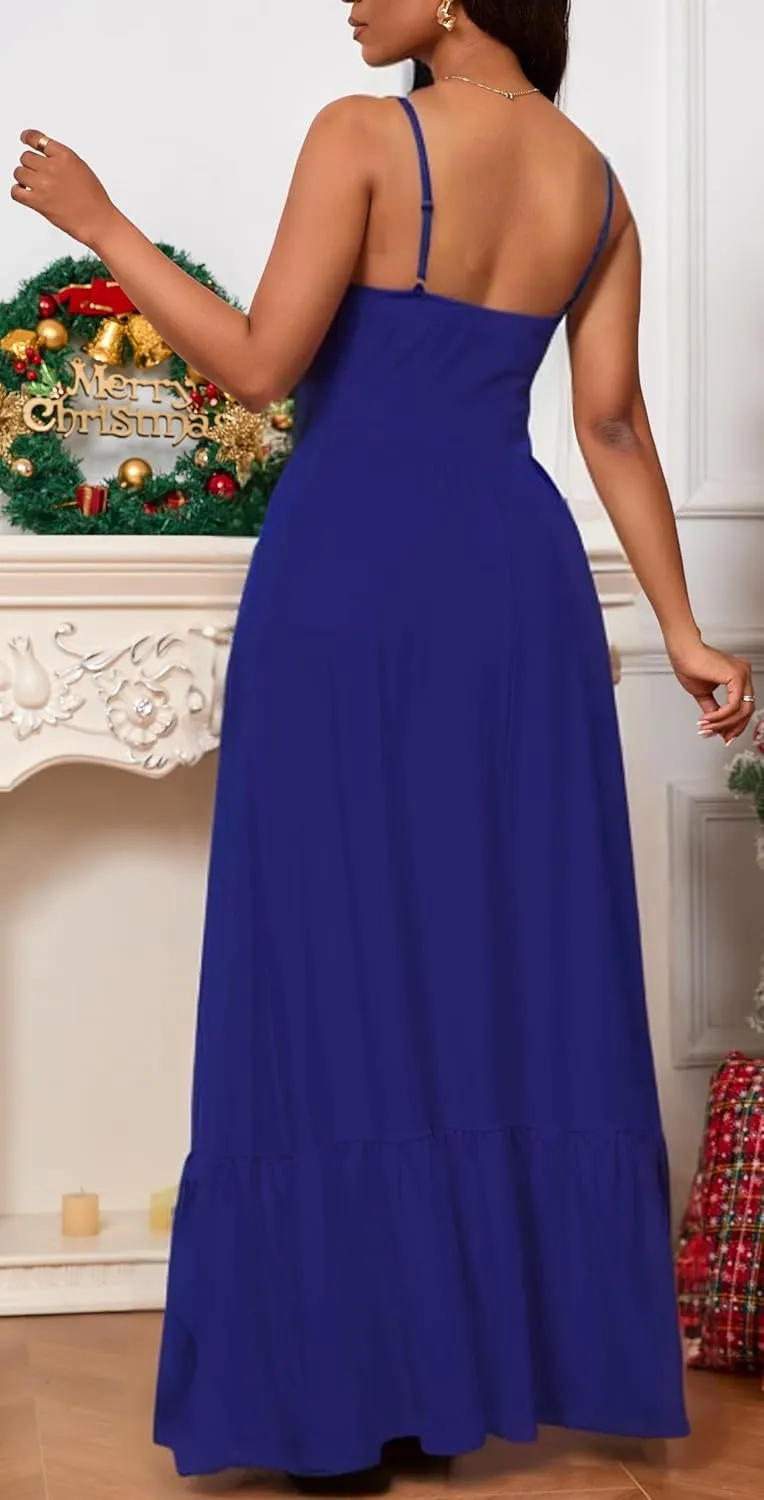 Womens Flowy Simple Tiered Maxi Dress Spaghetti Straps Backless Vacations Beach Elegant with Pockets