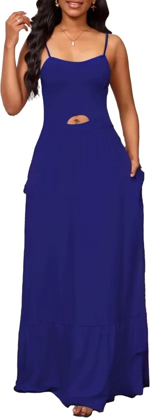 Womens Flowy Simple Tiered Maxi Dress Spaghetti Straps Backless Vacations Beach Elegant with Pockets