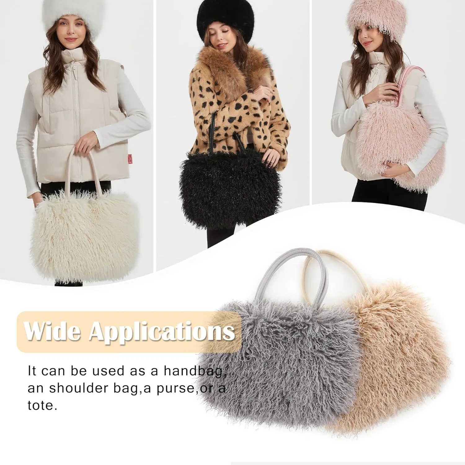 Women's Fuzzy Tote Bag Curly Handbag Furry Shoulder Bag Large Top Handle Purses Winter