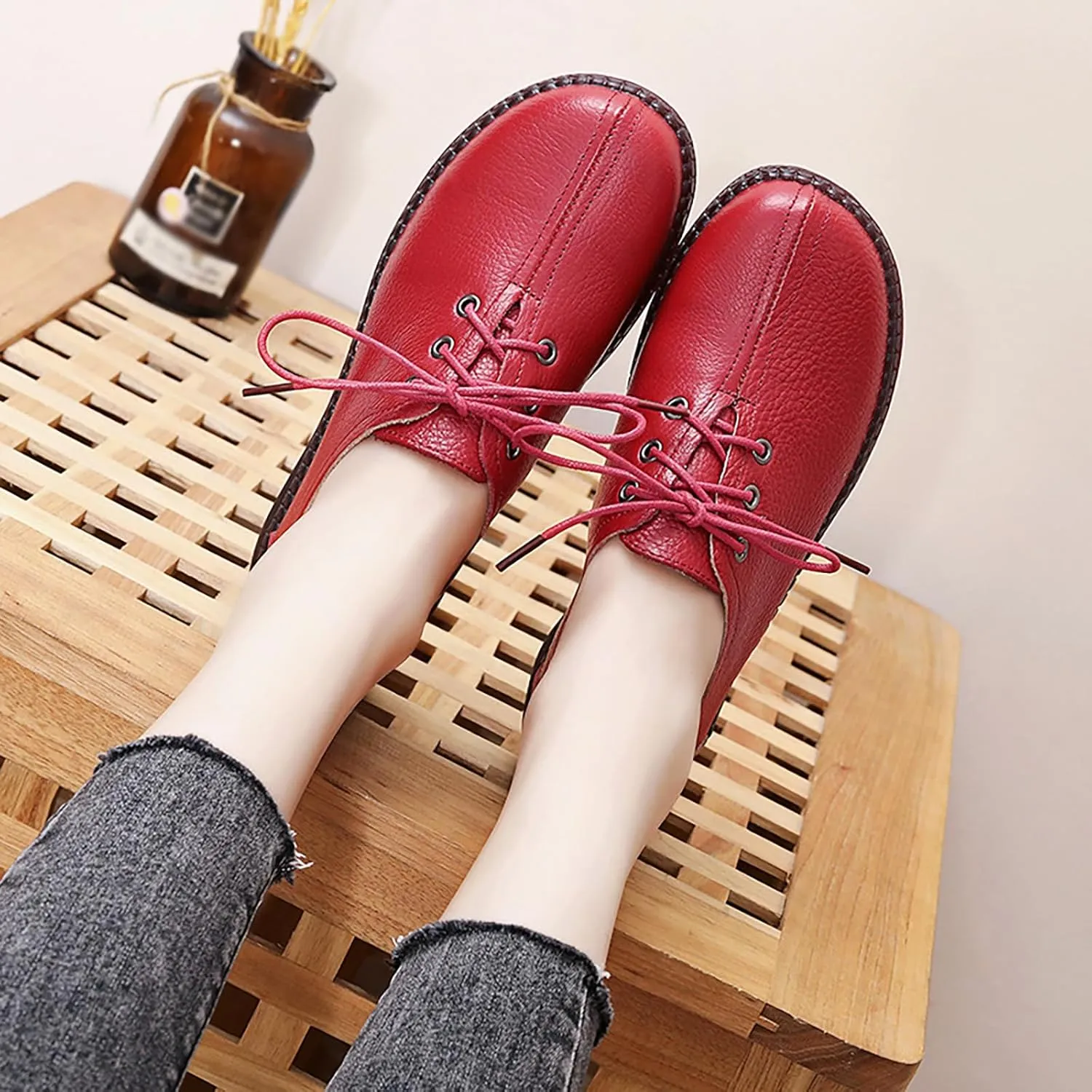 Women's Genuine Leather Lace-Up Flat Oxfords,Classic Round Toe Handmade Beef Tendon Soft Sole Business Formal Dress Driving Shoes Casual Comfortable Non-Slip Mom Walking Shoes