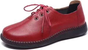 Women's Genuine Leather Lace-Up Flat Oxfords,Classic Round Toe Handmade Beef Tendon Soft Sole Business Formal Dress Driving Shoes Casual Comfortable Non-Slip Mom Walking Shoes