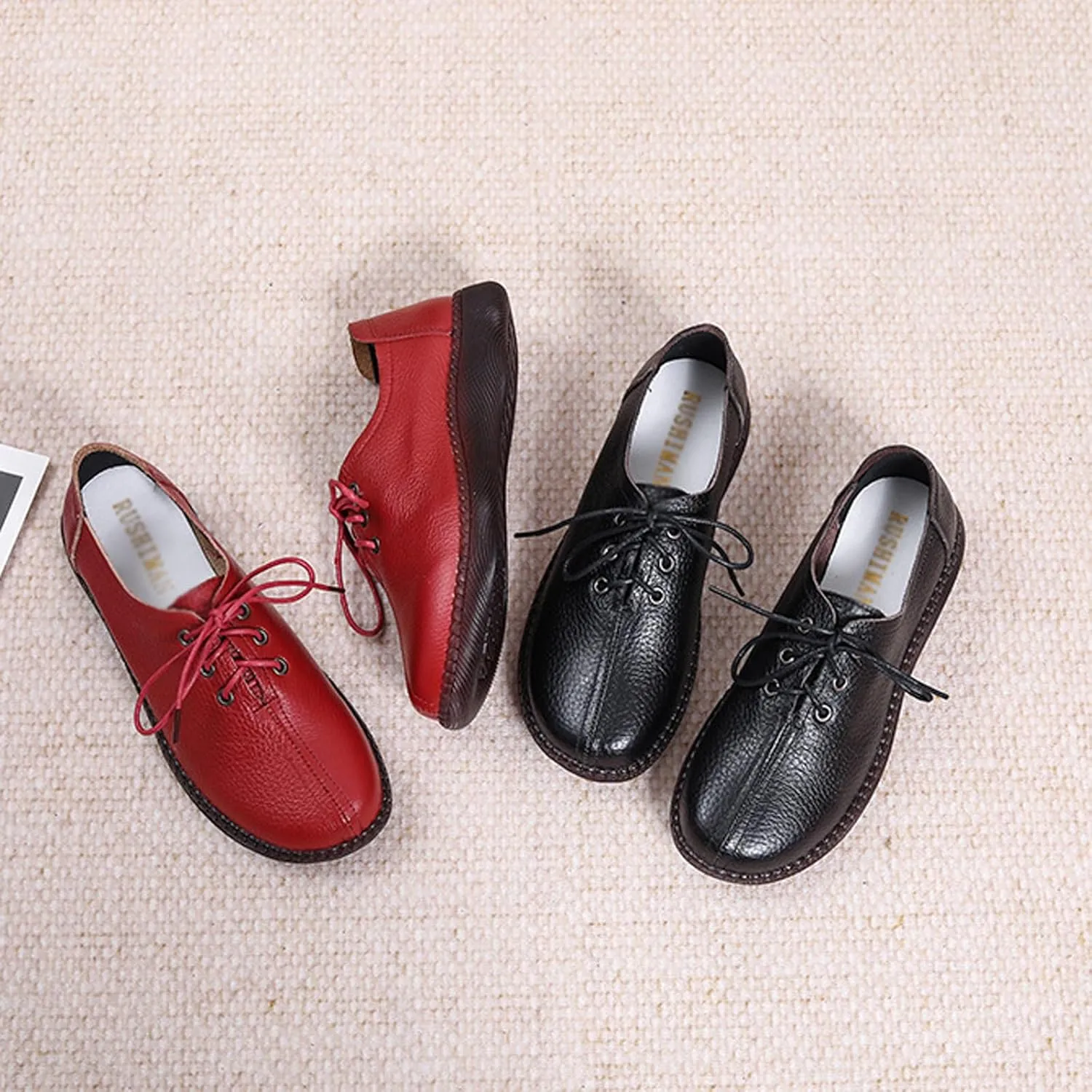 Women's Genuine Leather Lace-Up Flat Oxfords,Classic Round Toe Handmade Beef Tendon Soft Sole Business Formal Dress Driving Shoes Casual Comfortable Non-Slip Mom Walking Shoes