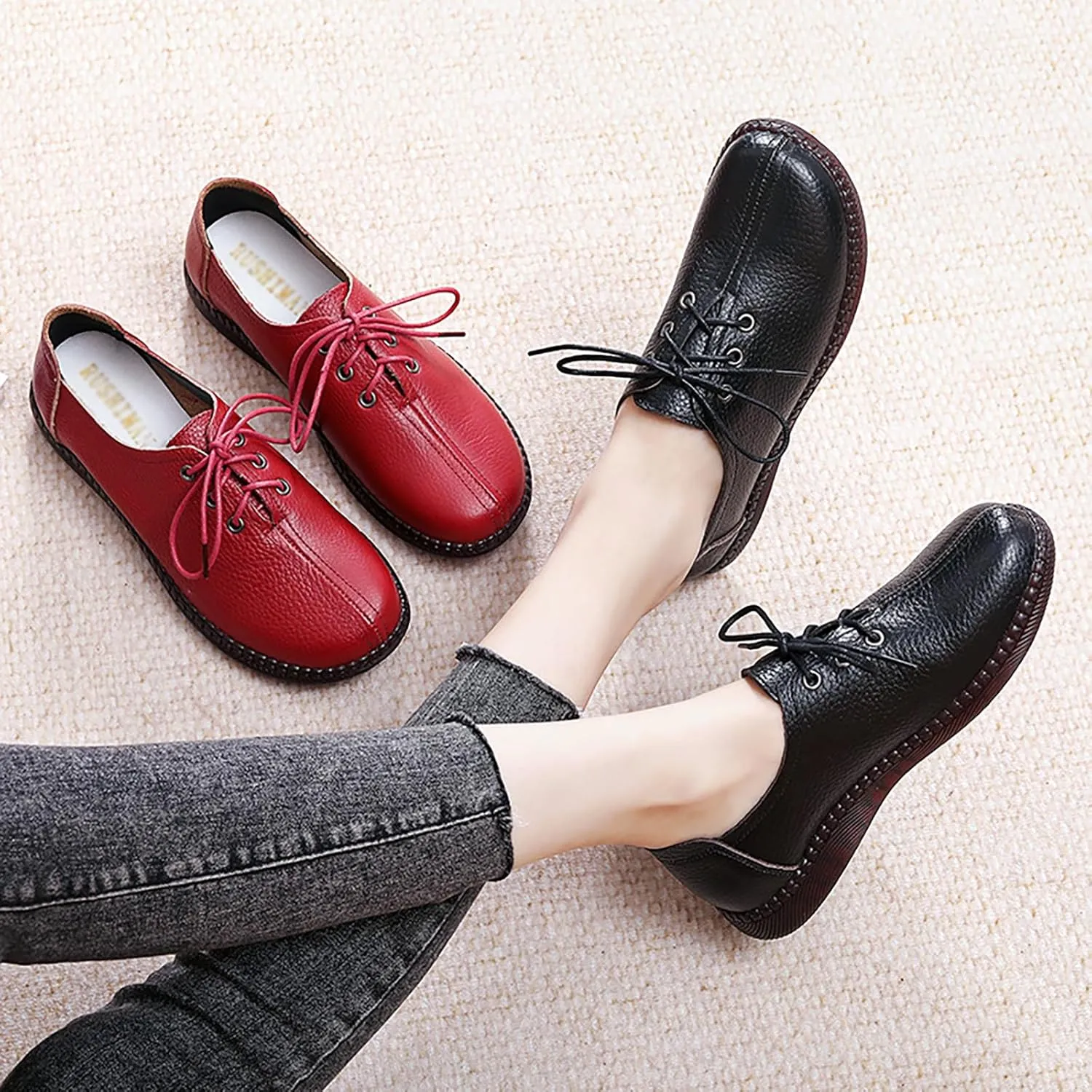 Women's Genuine Leather Lace-Up Flat Oxfords,Classic Round Toe Handmade Beef Tendon Soft Sole Business Formal Dress Driving Shoes Casual Comfortable Non-Slip Mom Walking Shoes