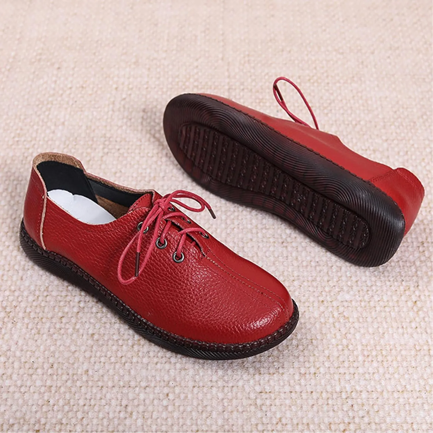 Women's Genuine Leather Lace-Up Flat Oxfords,Classic Round Toe Handmade Beef Tendon Soft Sole Business Formal Dress Driving Shoes Casual Comfortable Non-Slip Mom Walking Shoes
