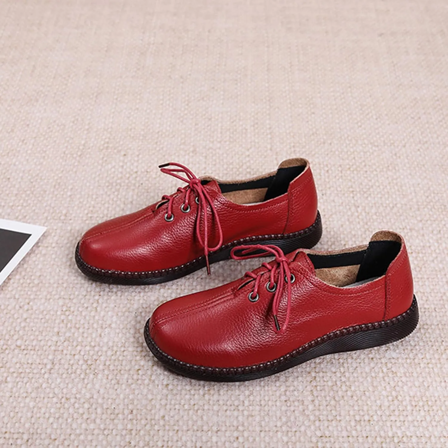 Women's Genuine Leather Lace-Up Flat Oxfords,Classic Round Toe Handmade Beef Tendon Soft Sole Business Formal Dress Driving Shoes Casual Comfortable Non-Slip Mom Walking Shoes