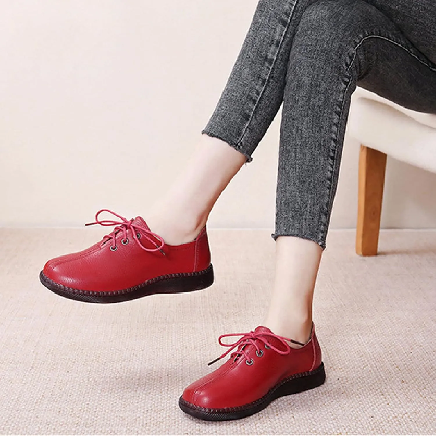 Women's Genuine Leather Lace-Up Flat Oxfords,Classic Round Toe Handmade Beef Tendon Soft Sole Business Formal Dress Driving Shoes Casual Comfortable Non-Slip Mom Walking Shoes