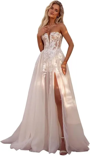 Women's Lace Wedding Dresses for Bride 2025 Long Sleeve Satin Mermaid Chiffon Bridal Gown with Slit