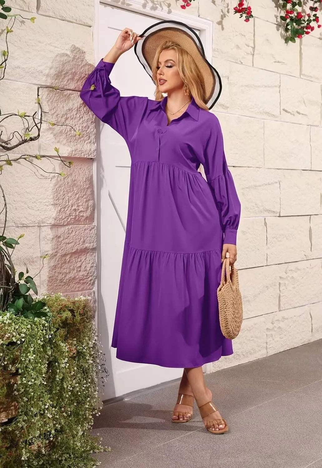 Women's Long Sleeve Maxi Shirt Dress Elegant Button Down Loose Swing Party Dress