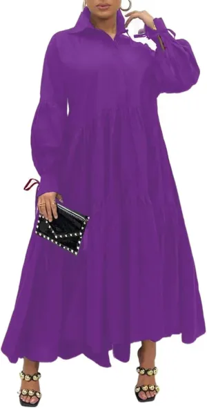 Women's Long Sleeve Maxi Shirt Dress Elegant Button Down Loose Swing Party Dress