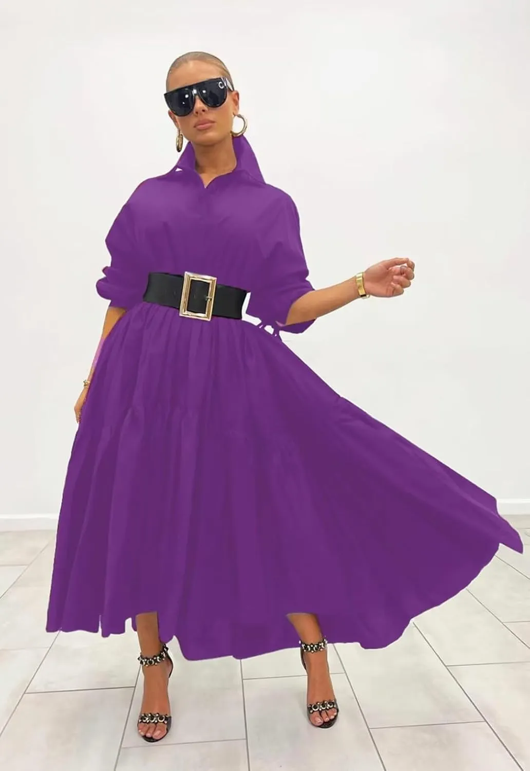 Women's Long Sleeve Maxi Shirt Dress Elegant Button Down Loose Swing Party Dress