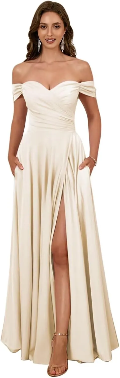 Women's Off The Shoulder Bridemaid Dresses Satin Formal Dress Maxi Evening Gown