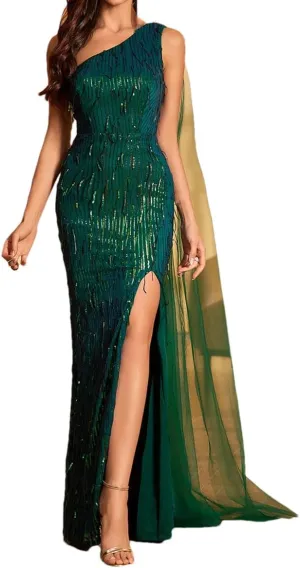 Women's One-Shoulder Long Sleeve Dresses High Slit Sequin Decorated Mesh Evening Dress