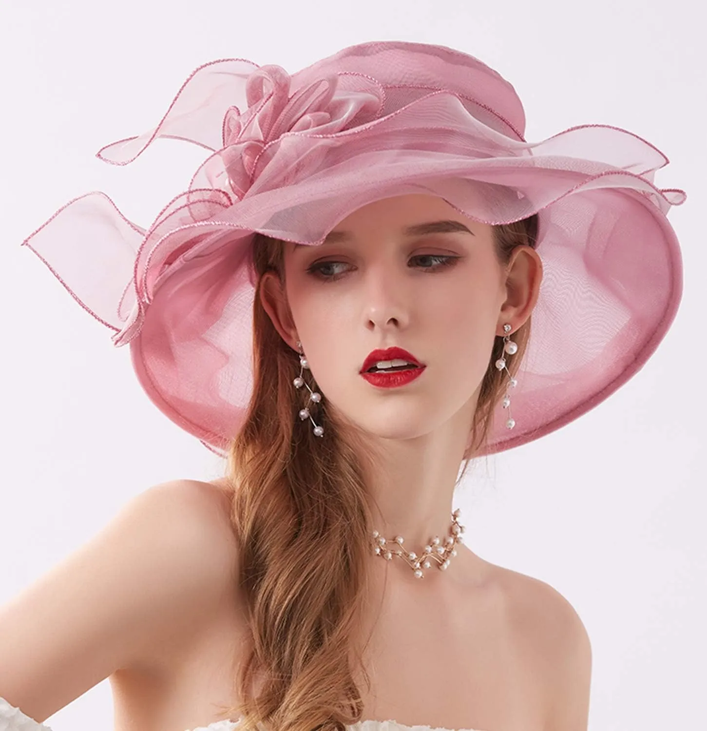 Women’s Organza Church Tea Party Wedding Fascinator Hat UV-Anti Wide Brim Sun Hats