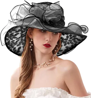 Women’s Organza Church Tea Party Wedding Fascinator Hat UV-Anti Wide Brim Sun Hats