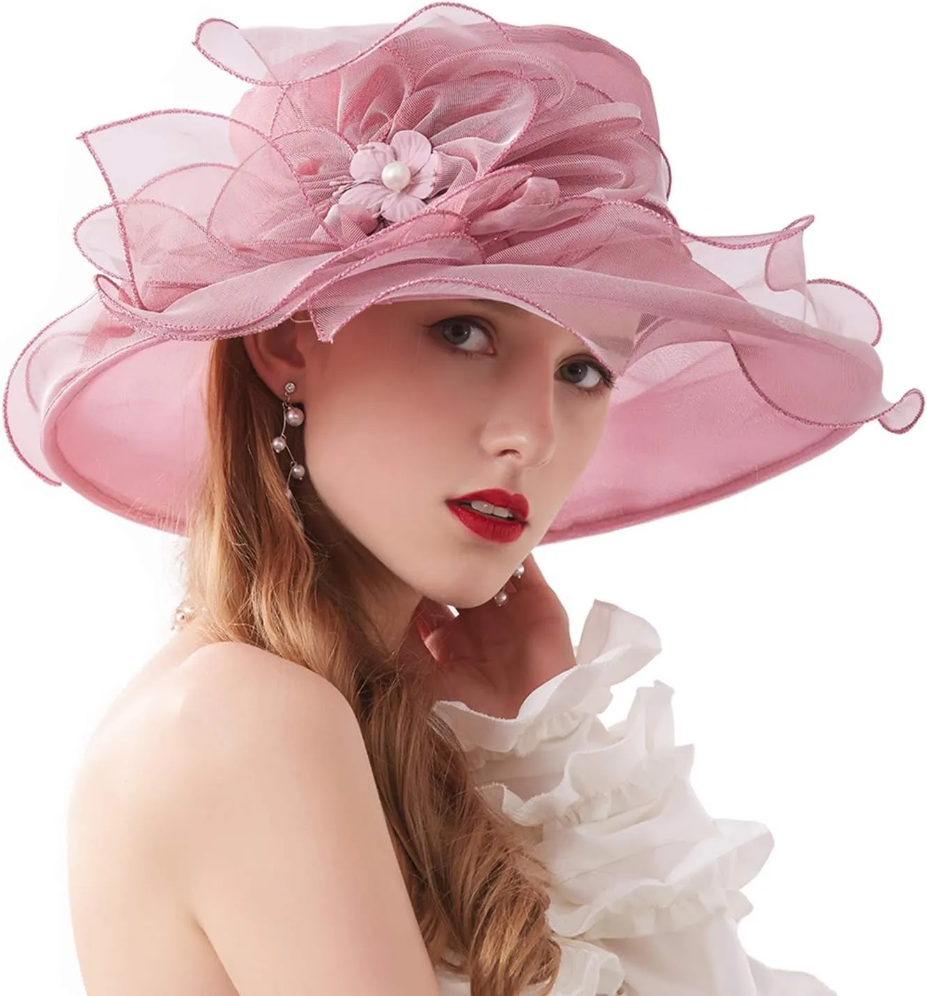 Women’s Organza Church Tea Party Wedding Fascinator Hat UV-Anti Wide Brim Sun Hats